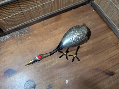 Rare Japanese Brass Crane Tsuru Statue Hand Painted Zen Decor Art
