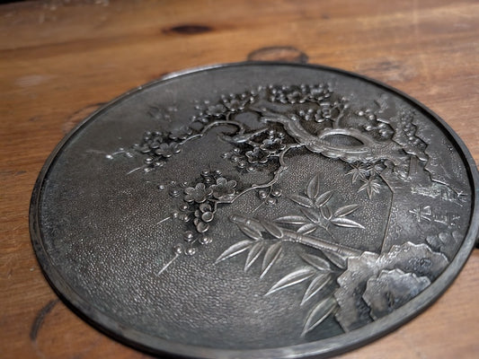 1800s Japanese Bronze Mirror Hand Engraved Sakura Edo Era Antique