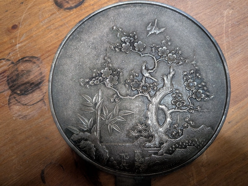 1800s Japanese Bronze Mirror Hand Engraved Sakura Edo Era Antique