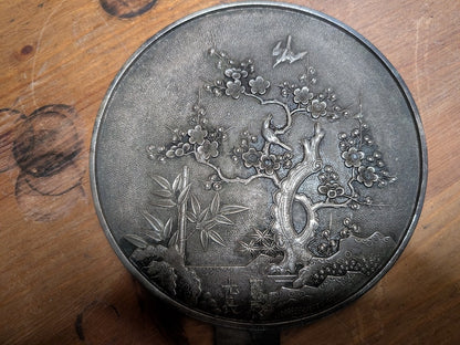 1800s Japanese Bronze Mirror Hand Engraved Sakura Edo Era Antique