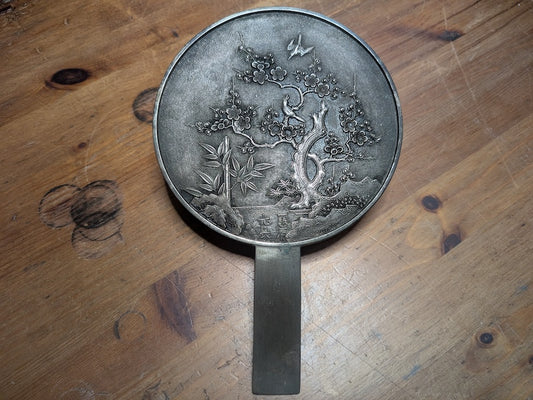 1800s Japanese Bronze Mirror Hand Engraved Sakura Edo Era Antique