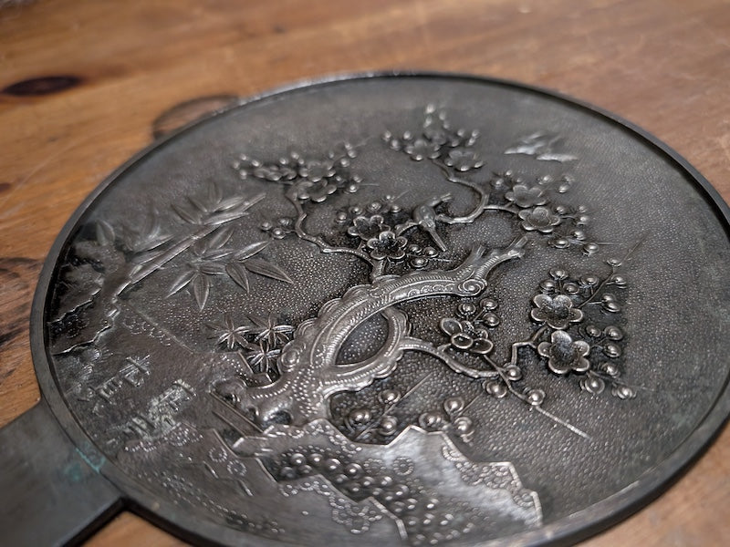 1800s Japanese Bronze Mirror Hand Engraved Sakura Edo Era Antique