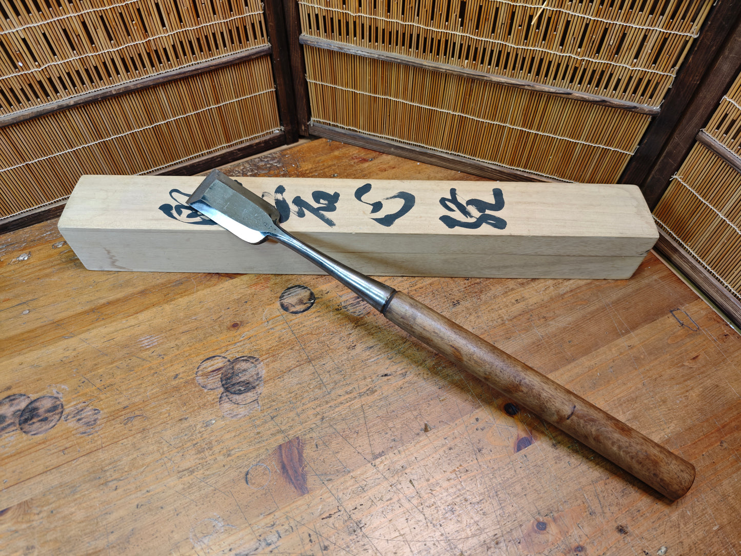 Japanese Antique Miya Daiku Hand Forged Giant Chisel Signed Carpenter Tool
