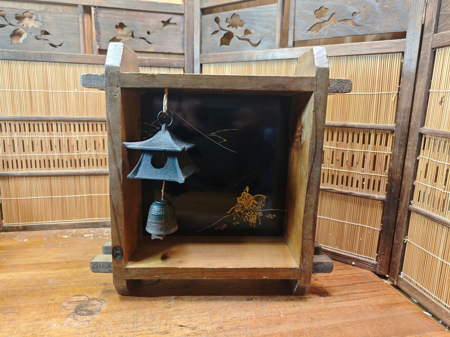 Japanese Antique Wooden Display Box w/ Nambu Furin Wind Chime Art