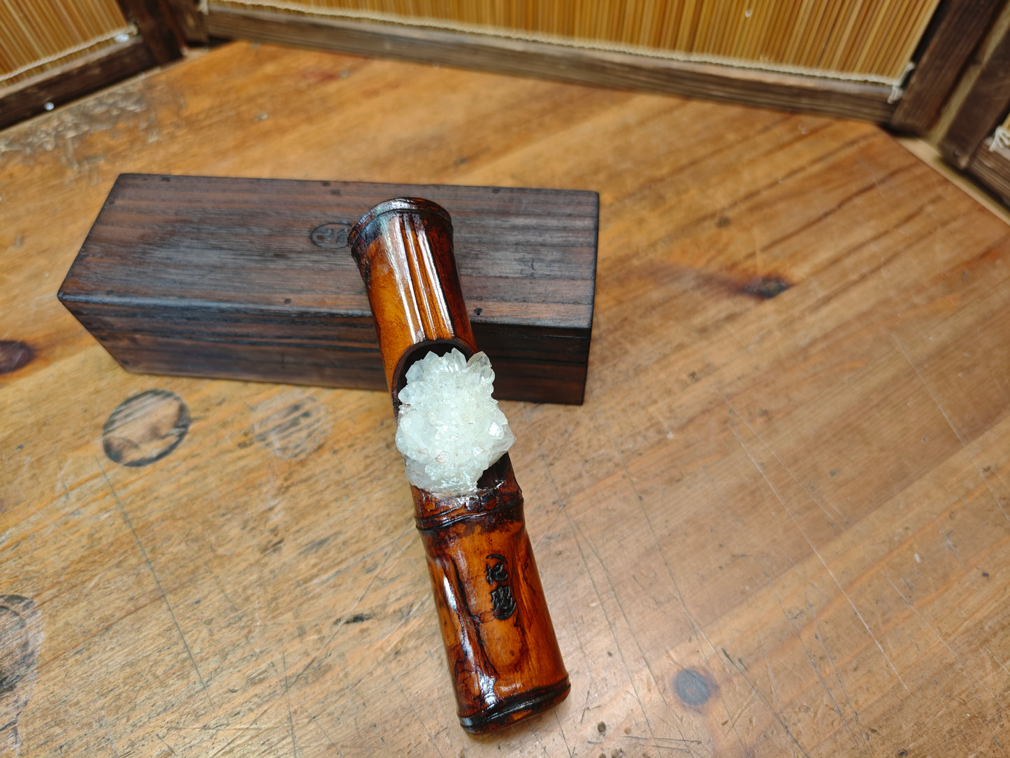 Japanese Bamboo Power Stone Wall Hanging Evil Eye Protector Signed Box