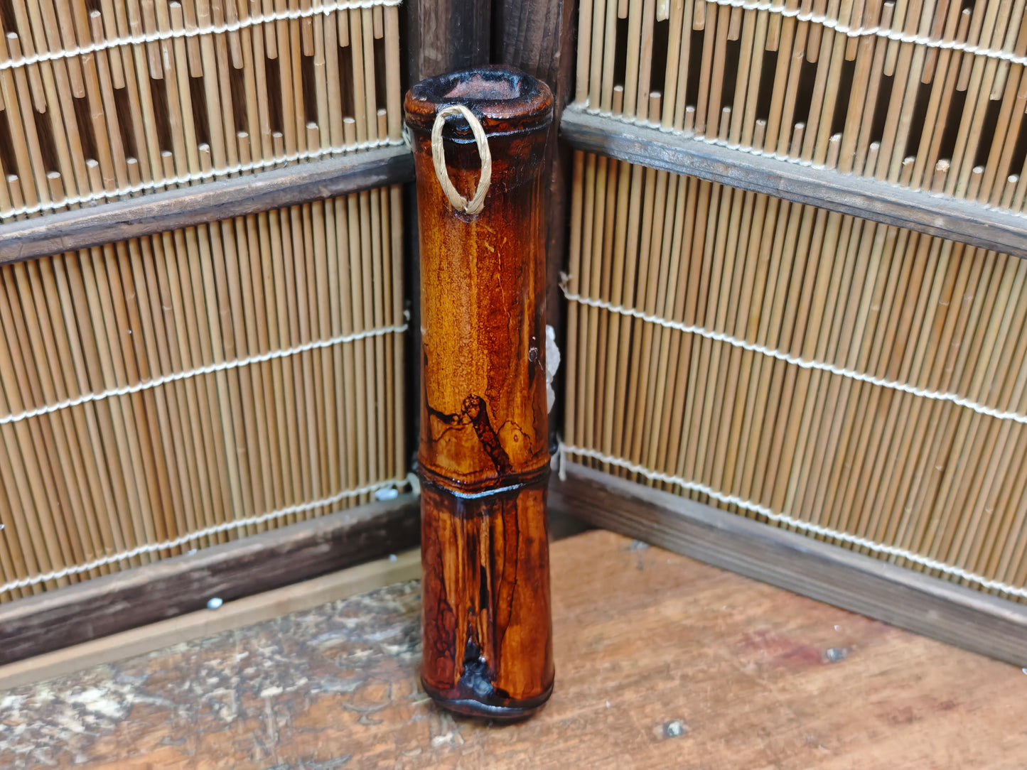 Japanese Bamboo Power Stone Wall Hanging Evil Eye Protector Signed Box