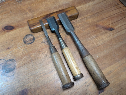 Japanese Big Steel Chisels Signed Carving Tool Set Antique Woodworking