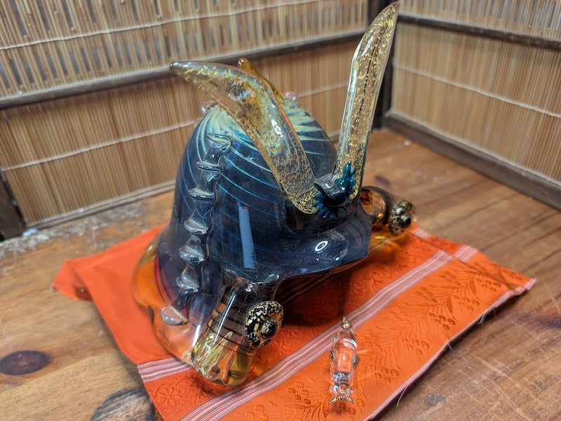 Japanese Glass Samurai Kabuto Helmet Gizan Kazari by CROM Modern Art Display