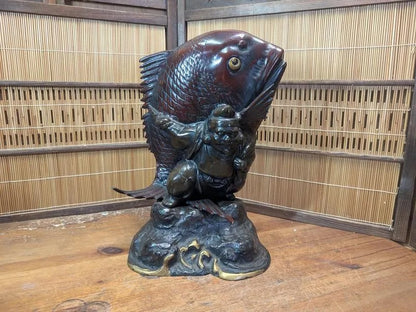 Japanese Ebisu & Tai Steel Statue Heavy Lucky God Sculpture Japan Auction