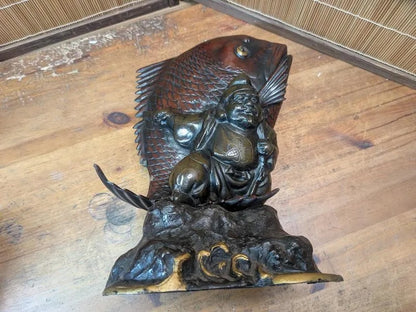 Japanese Ebisu & Tai Steel Statue Heavy Lucky God Sculpture Japan Auction
