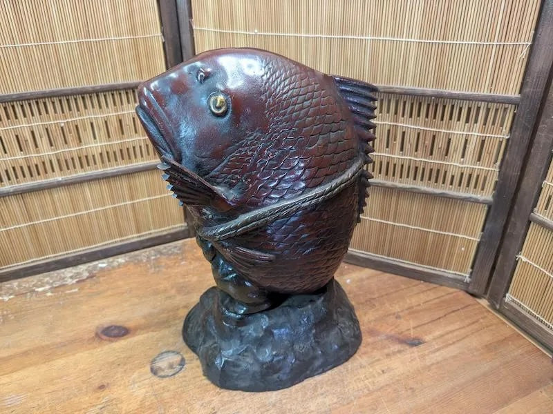 Japanese Ebisu & Tai Steel Statue Heavy Lucky God Sculpture Japan Auction