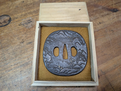 Japan Antique Samurai Katana Tsuba Iron Sword Guard Bonsai Mountain