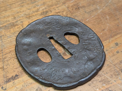 Antique Japanese Samurai Tsuba 1800s Hand Engraved Edo Era Sword Guard