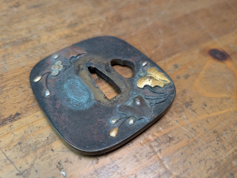 Authentic Edo Samurai Tsuba Gold Inlay Japan Antique Sword Guard