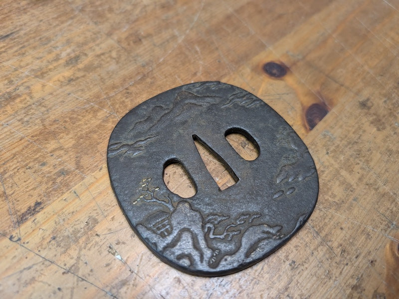 Japan Antique Samurai Katana Tsuba Iron Sword Guard Bonsai Mountain
