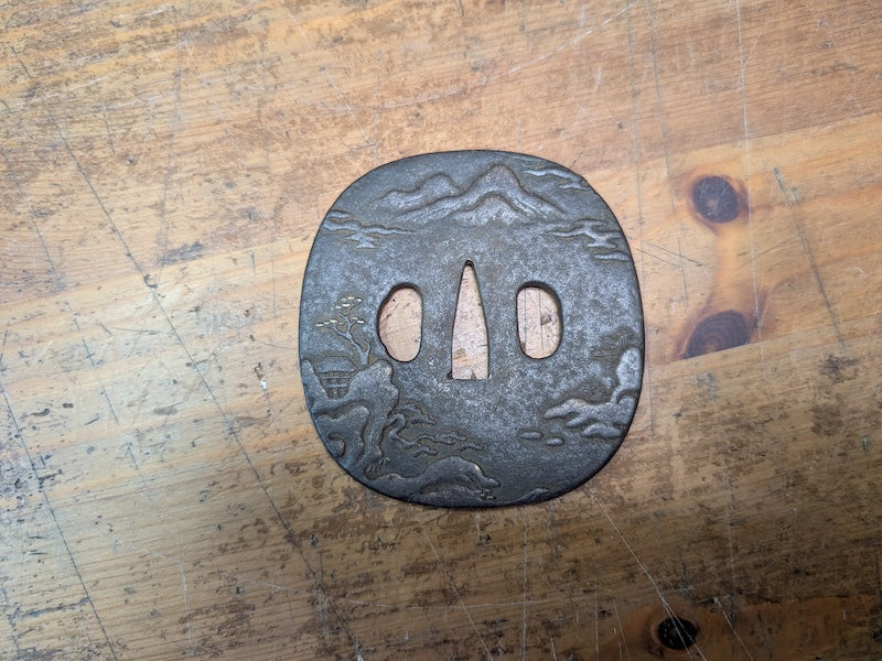 Japan Antique Samurai Katana Tsuba Iron Sword Guard Bonsai Mountain