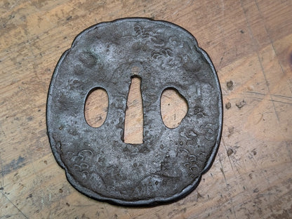 Antique Japanese Samurai Tsuba 1800s Hand Engraved Edo Era Sword Guard