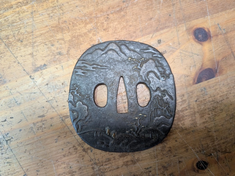 Japan Antique Samurai Katana Tsuba Iron Sword Guard Bonsai Mountain