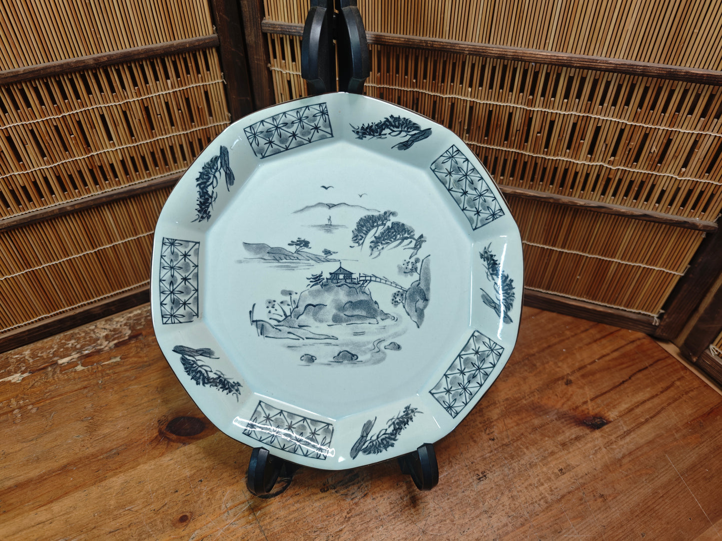 Japanese Meiji Satsumayama Blue White Plate Decagonal Landscape Antique Japan