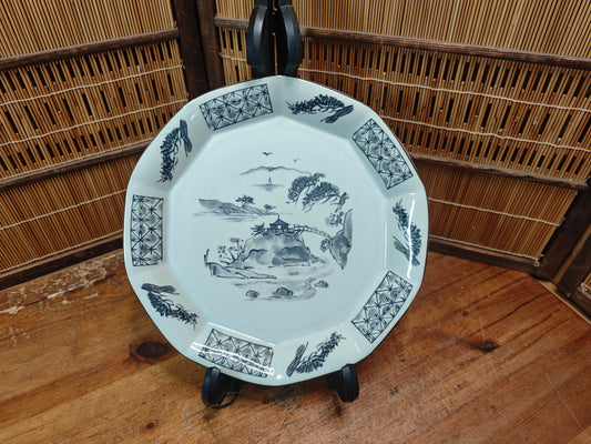 Japanese Meiji Satsumayama Blue White Plate Decagonal Landscape Antique Japan