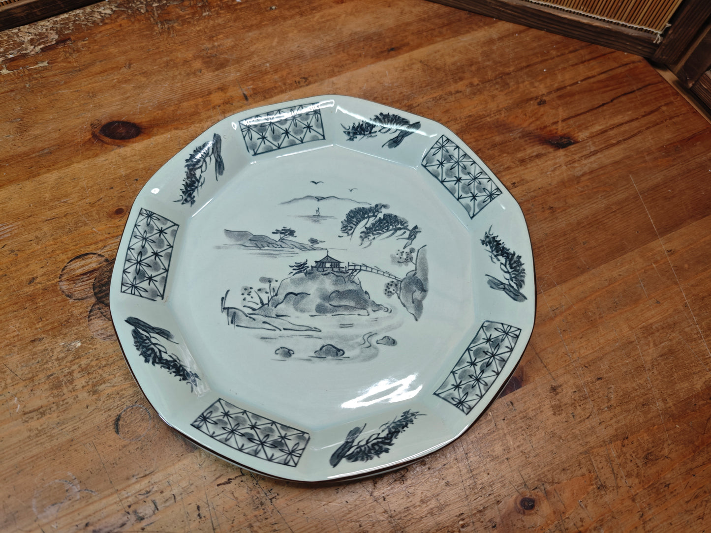 Japanese Meiji Satsumayama Blue White Plate Decagonal Landscape Antique Japan