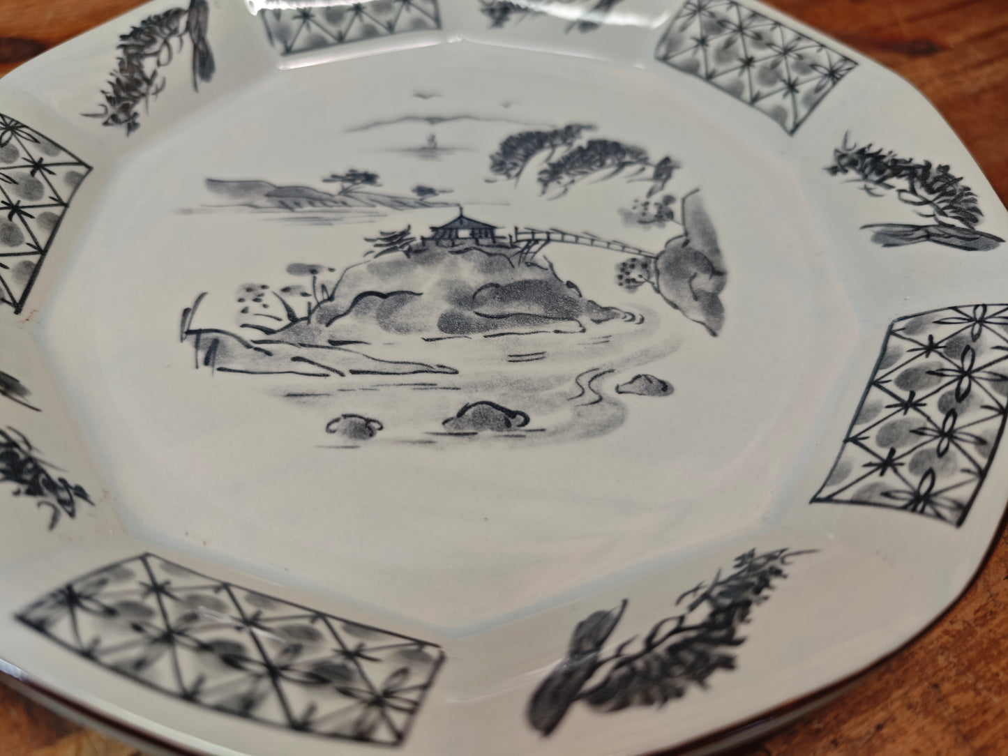 Japanese Meiji Satsumayama Blue White Plate Decagonal Landscape Antique Japan
