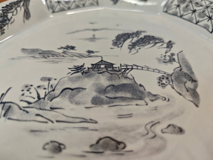 Japanese Meiji Satsumayama Blue White Plate Decagonal Landscape Antique Japan