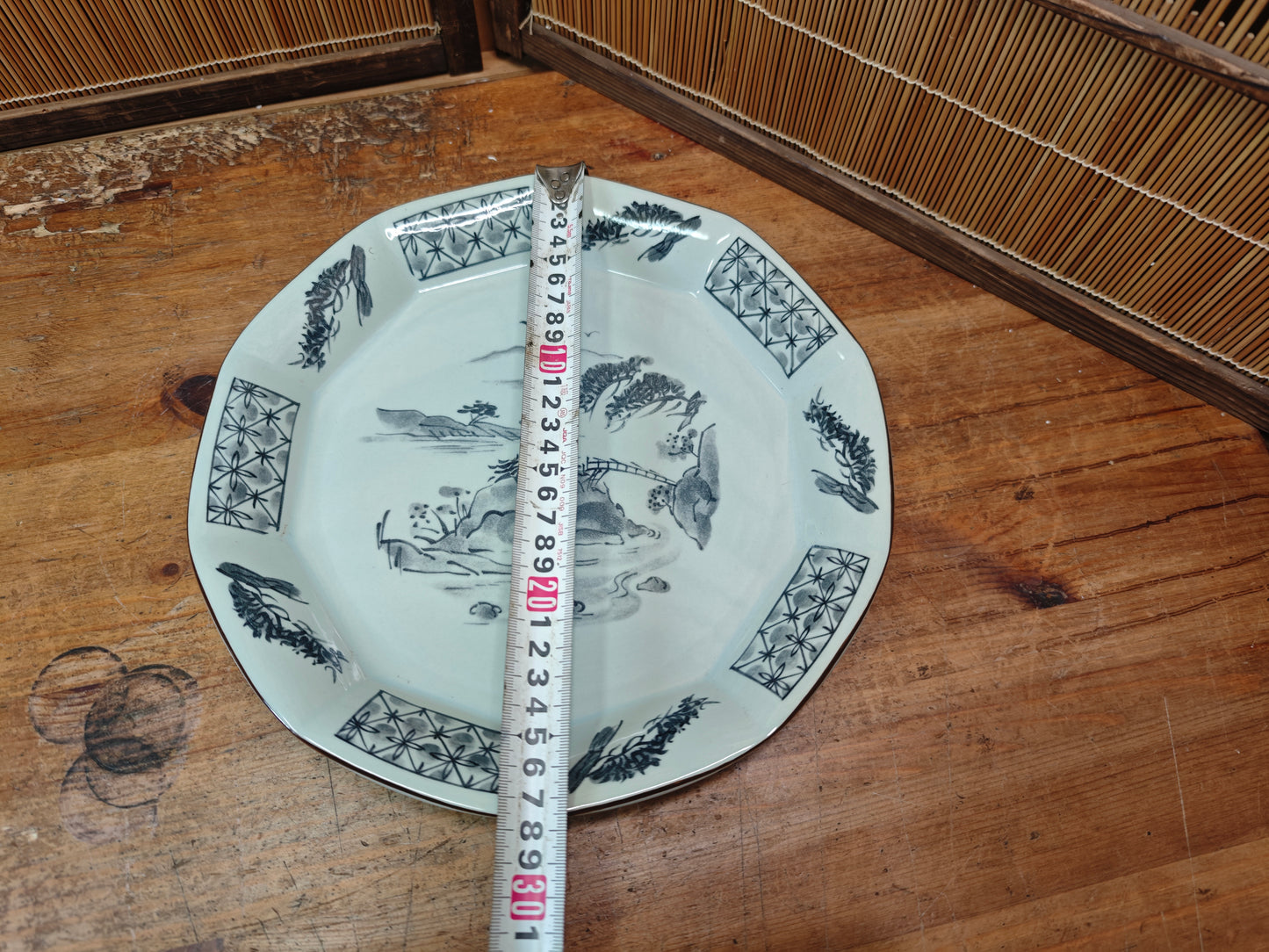 Japanese Meiji Satsumayama Blue White Plate Decagonal Landscape Antique Japan