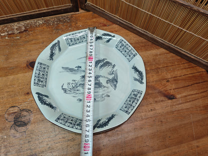 Japanese Meiji Satsumayama Blue White Plate Decagonal Landscape Antique Japan
