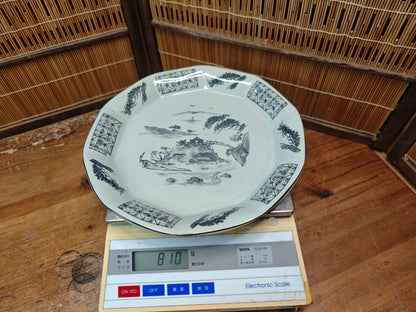 Japanese Meiji Satsumayama Blue White Plate Decagonal Landscape Antique Japan
