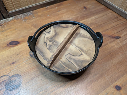 Vintage Nambu Cast Iron Sukiyaki Pot with Wooden Lid Never Used Japan