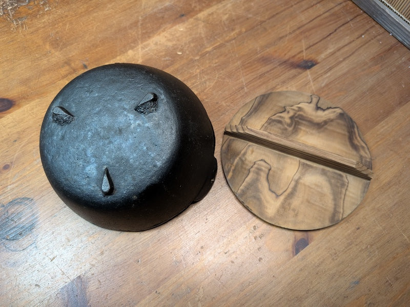 Vintage Nambu Cast Iron Sukiyaki Pot with Wooden Lid Never Used Japan