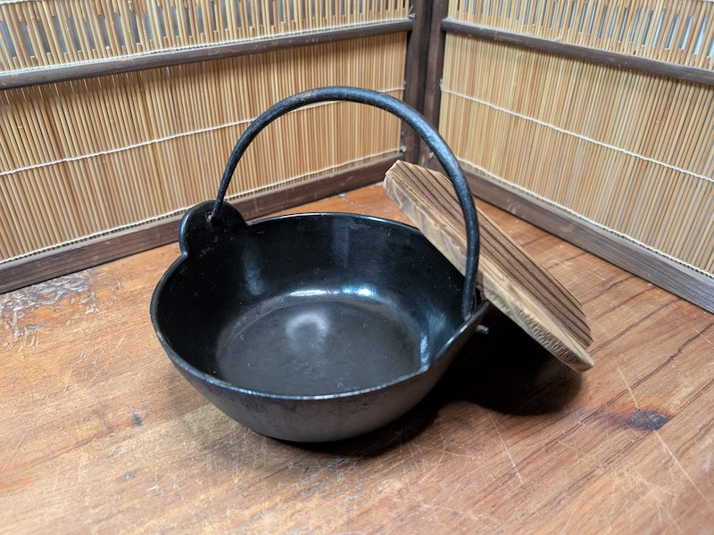 Vintage Nambu Cast Iron Sukiyaki Pot with Wooden Lid Never Used Japan