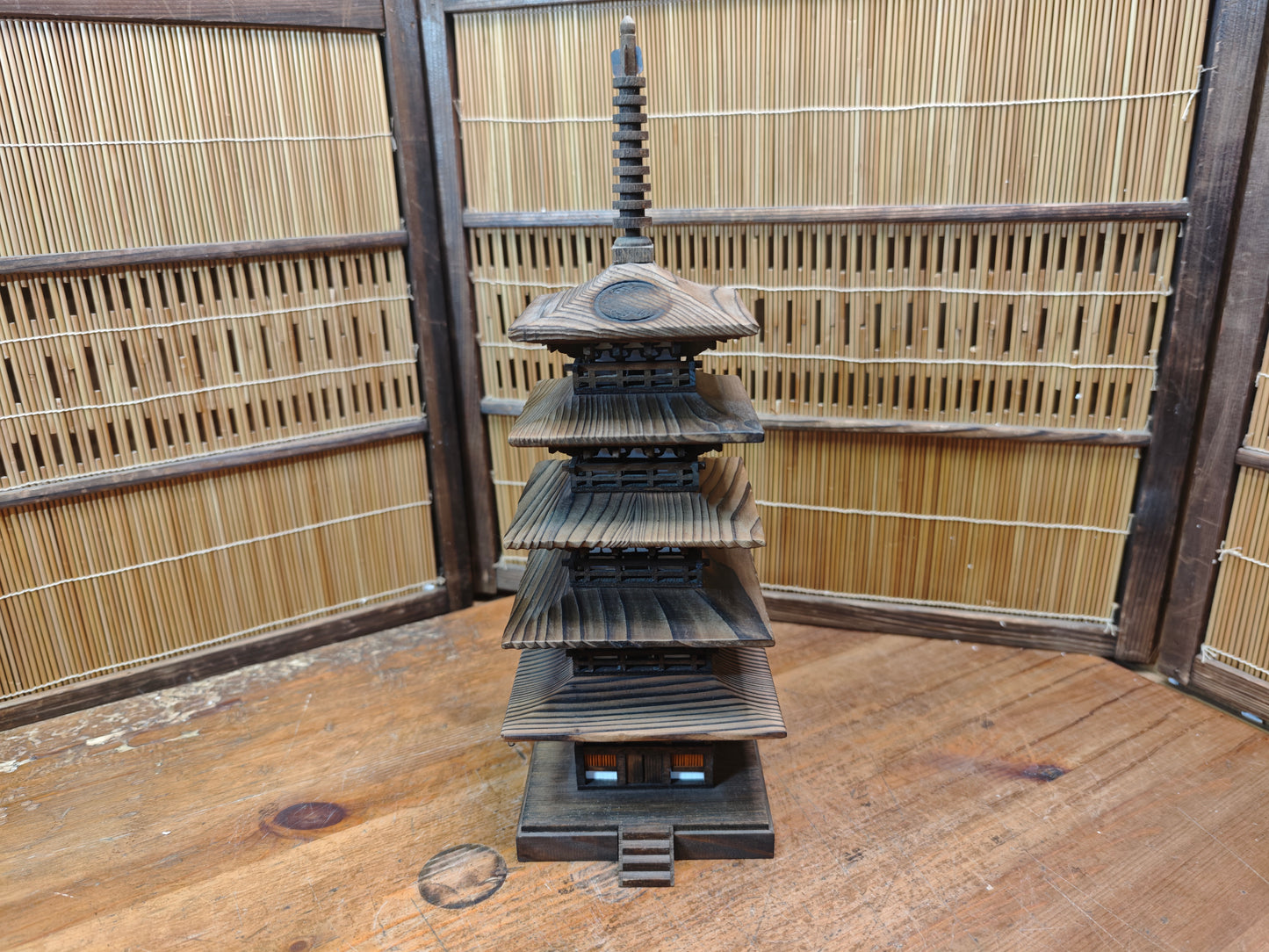 Japanese Wooden Pagoda Goju no To Yaki Sugi 5 Tier Temple Model Vintage