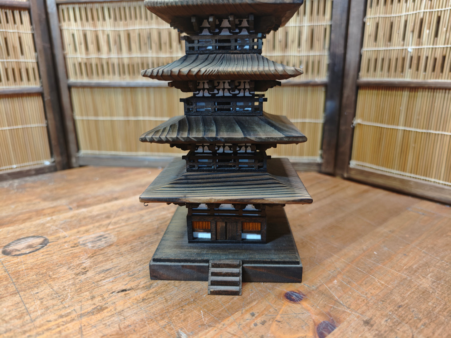 Japanese Wooden Pagoda Goju no To Yaki Sugi 5 Tier Temple Model Vintage