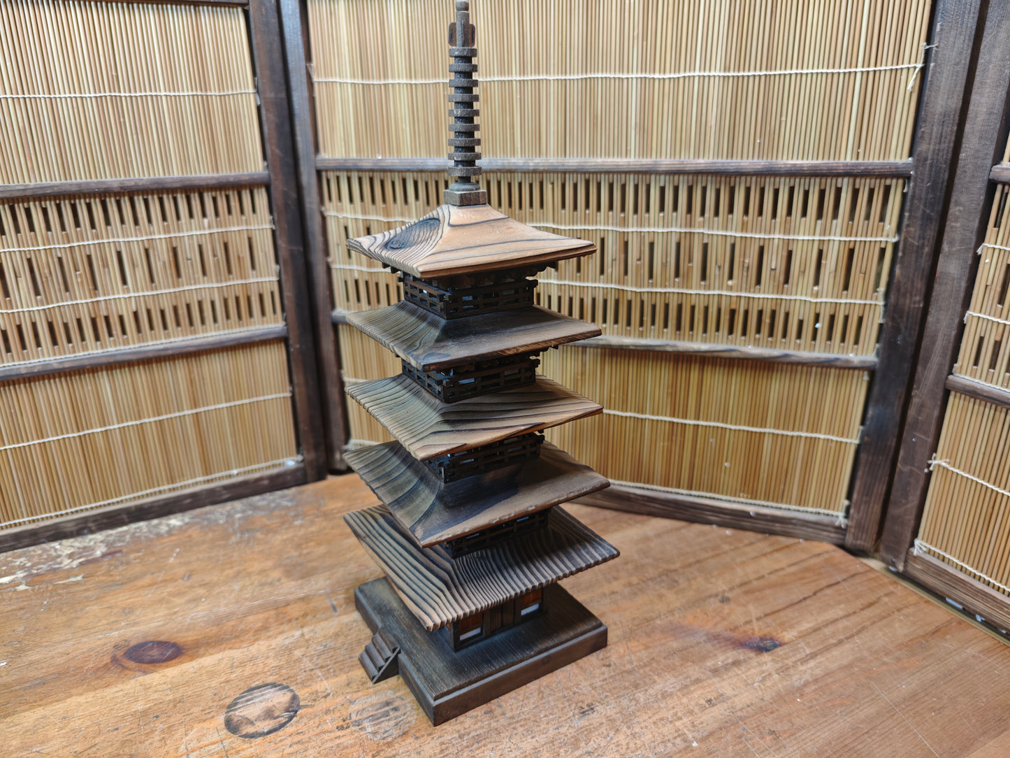 Japanese Wooden Pagoda Goju no To Yaki Sugi 5 Tier Temple Model Vintage