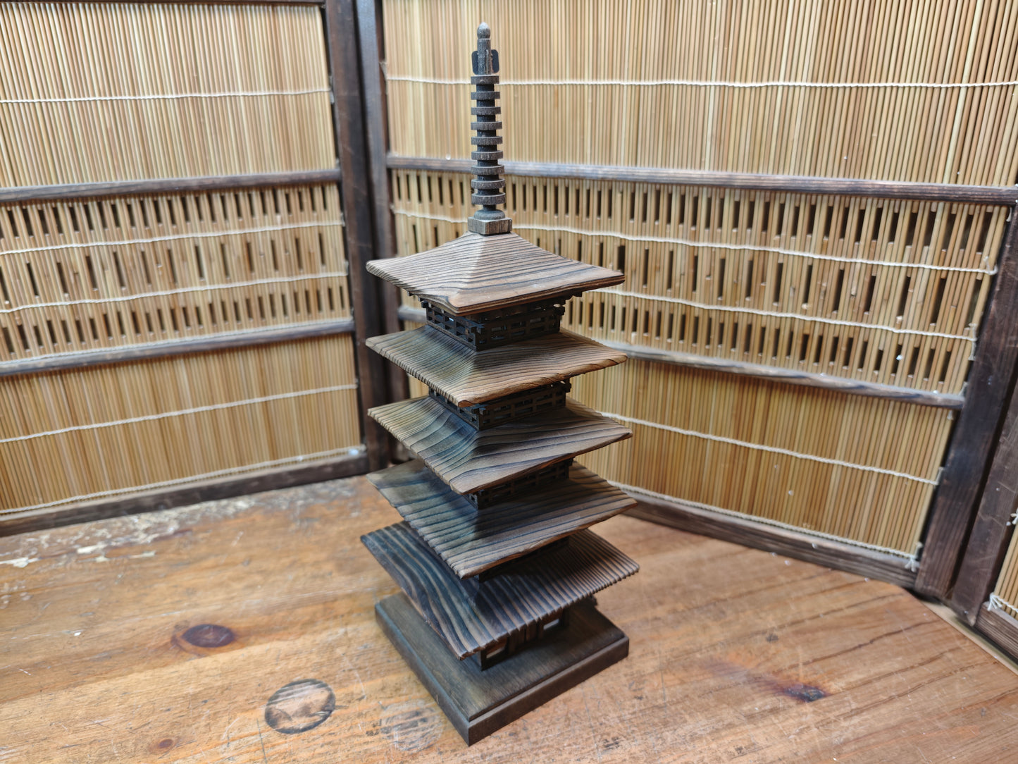 Japanese Wooden Pagoda Goju no To Yaki Sugi 5 Tier Temple Model Vintage