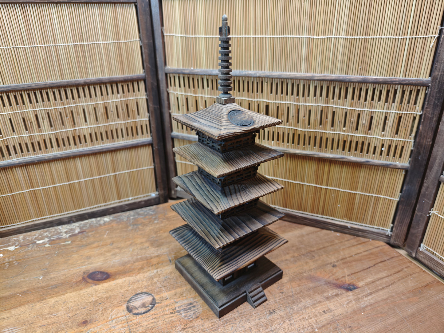 Japanese Wooden Pagoda Goju no To Yaki Sugi 5 Tier Temple Model Vintage