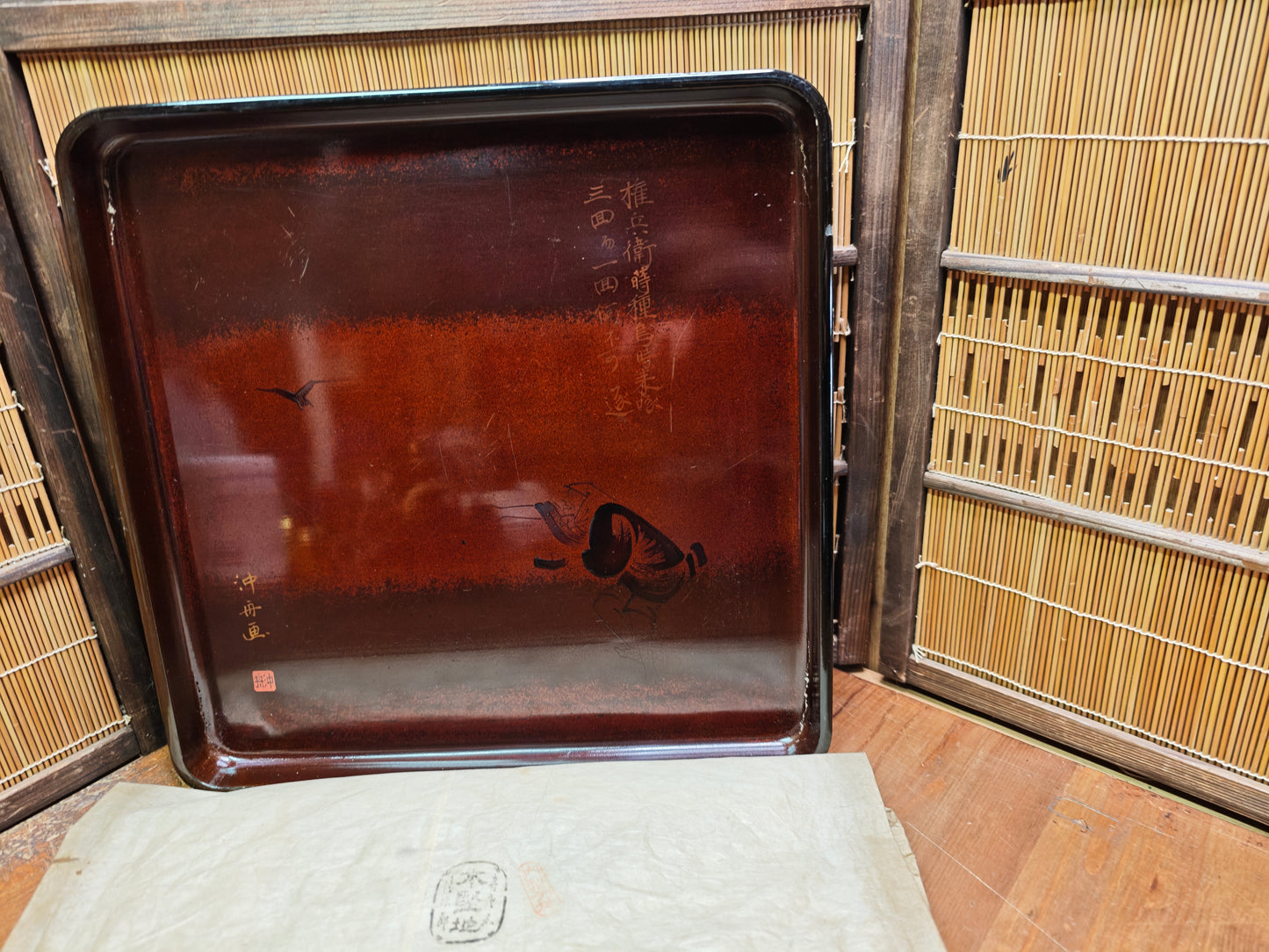 1800s Japanese Sakura Wood Tray Edo Meiji Urushi Lacquer Signed Antique