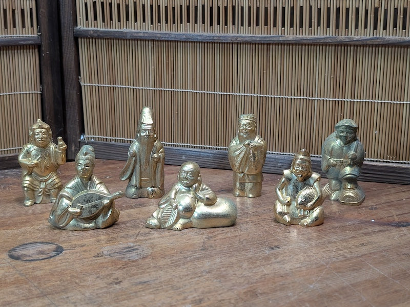 1930s Shichifukujin Seven Lucky Gods Antique Brass Japanese Set