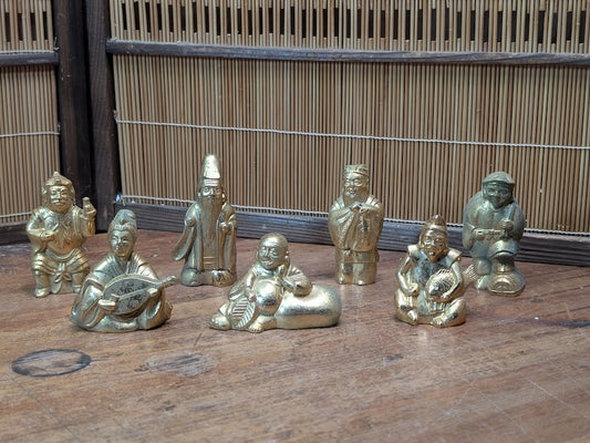 1930s Shichifukujin Seven Lucky Gods Antique Brass Japanese Set