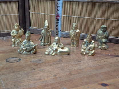 1930s Shichifukujin Seven Lucky Gods Antique Brass Japanese Set