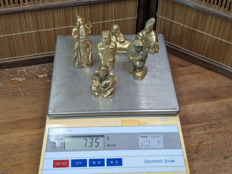 1930s Shichifukujin Seven Lucky Gods Antique Brass Japanese Set