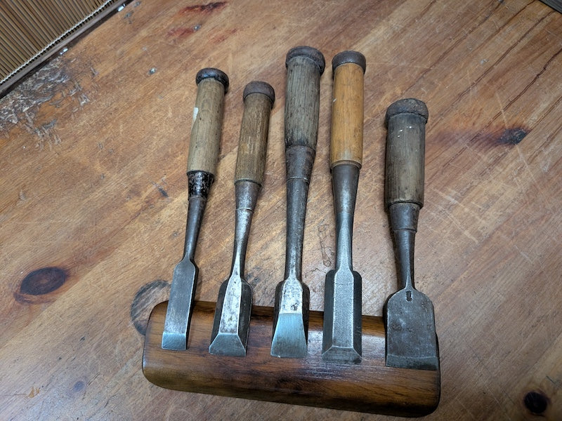 Rare Japanese Steel Chisels Signed Set of 5 Antique Woodworking Tools