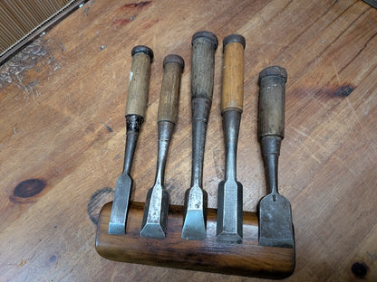 Rare Japanese Steel Chisels Signed Set of 5 Antique Woodworking Tools