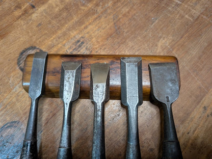 Rare Japanese Steel Chisels Signed Set of 5 Antique Woodworking Tools