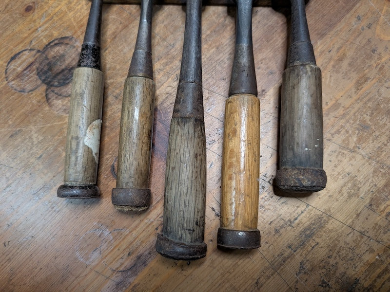 Rare Japanese Steel Chisels Signed Set of 5 Antique Woodworking Tools