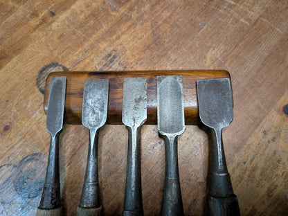 Rare Japanese Steel Chisels Signed Set of 5 Antique Woodworking Tools
