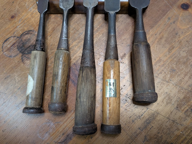 Rare Japanese Steel Chisels Signed Set of 5 Antique Woodworking Tools