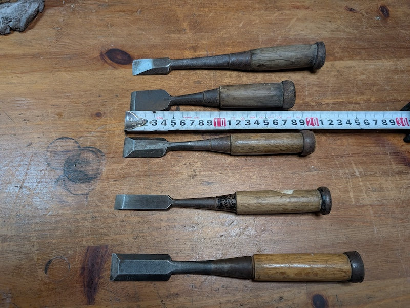 Rare Japanese Steel Chisels Signed Set of 5 Antique Woodworking Tools